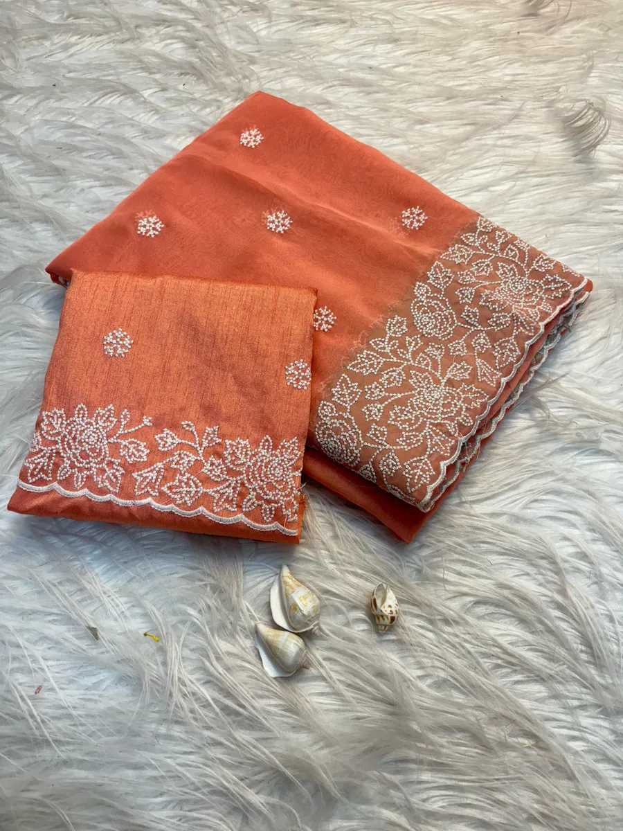 Soft Pure Tussar Silk Saree with White Thread Embroidery Work